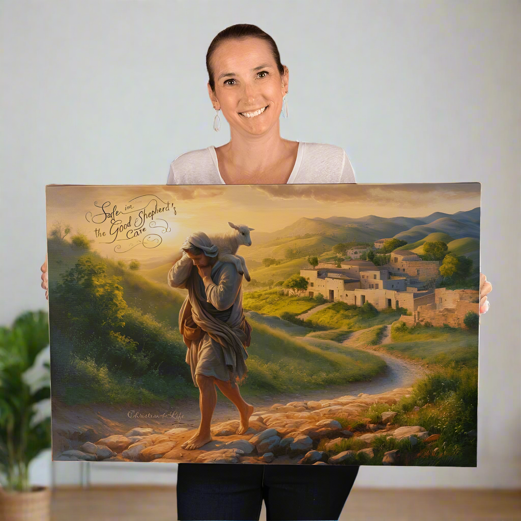 "Safe in the Good Shepherd's care" Gallery Wrapped Christian Wall Art Canvas (3:2)