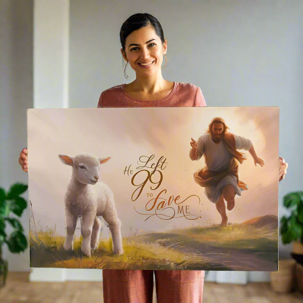 "He Left 99 to Save Me" Oil Style Gallery Wrapped Christian Wall Art Canvas (3:2)