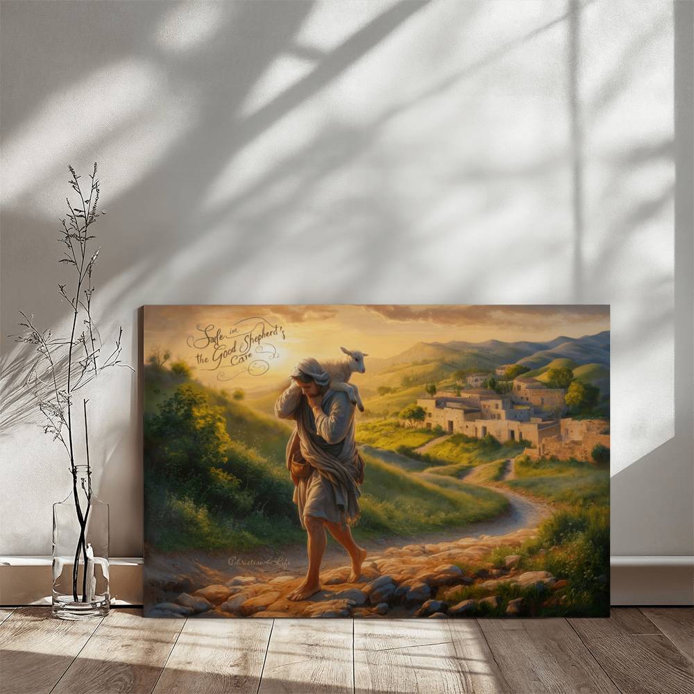 "Safe in the Good Shepherd's care" Gallery Wrapped Christian Wall Art Canvas (3:2)