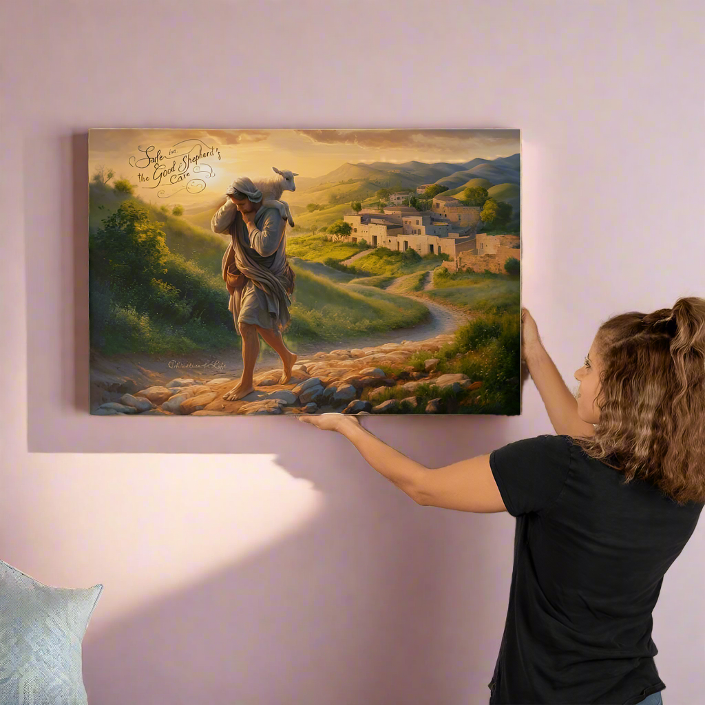 "Safe in the Good Shepherd's care" Gallery Wrapped Christian Wall Art Canvas (3:2)