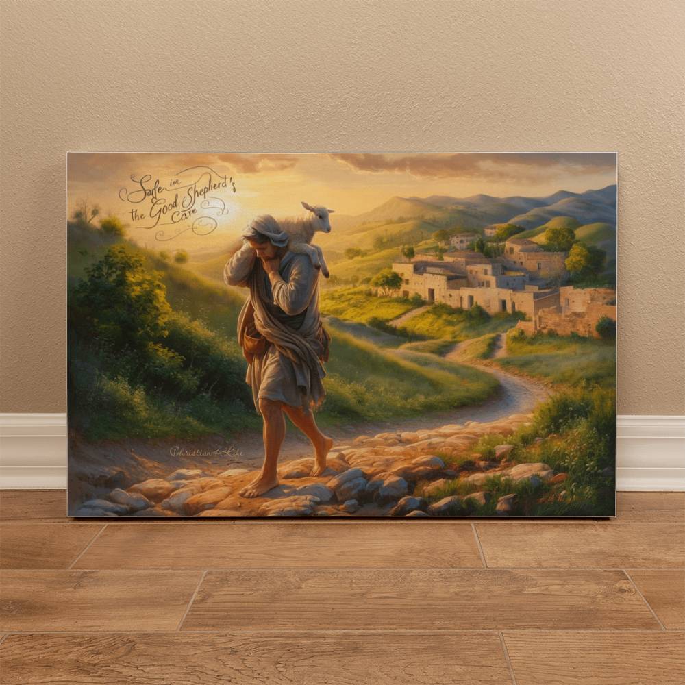 "Safe in the Good Shepherd's care" Gallery Wrapped Christian Wall Art Canvas (3:2)