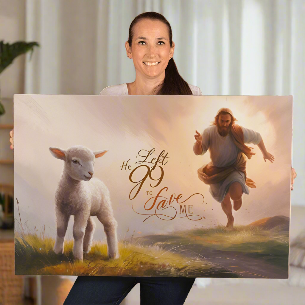 "He Left 99 to Save Me" Oil Style Gallery Wrapped Christian Wall Art Canvas (3:2)