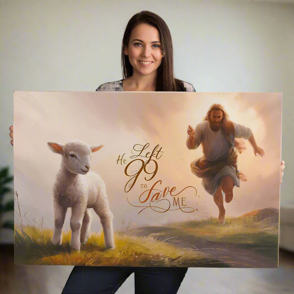 "He Left 99 to Save Me" Oil Style Gallery Wrapped Christian Wall Art Canvas (3:2)