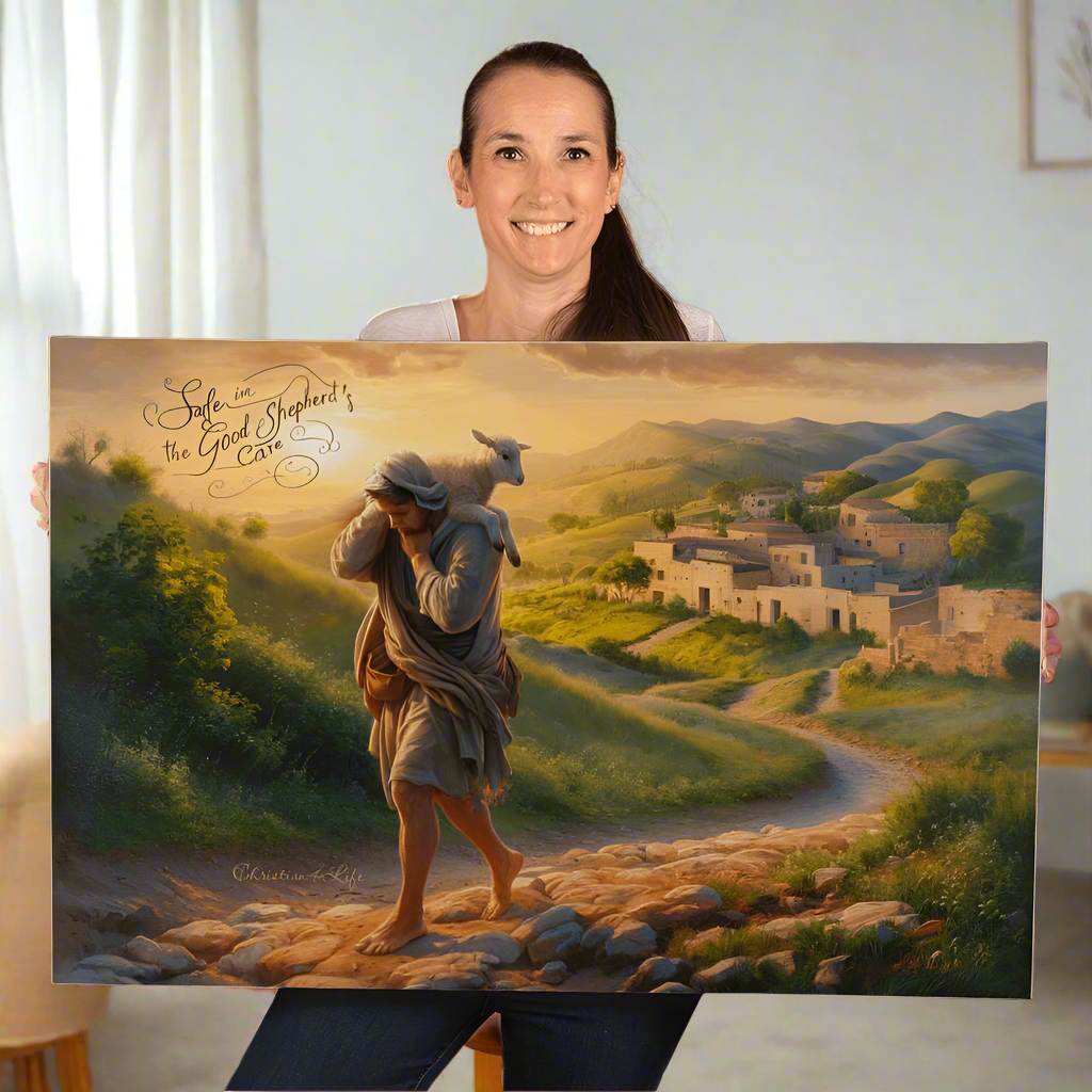 "Safe in the Good Shepherd's care" Gallery Wrapped Christian Wall Art Canvas (3:2)