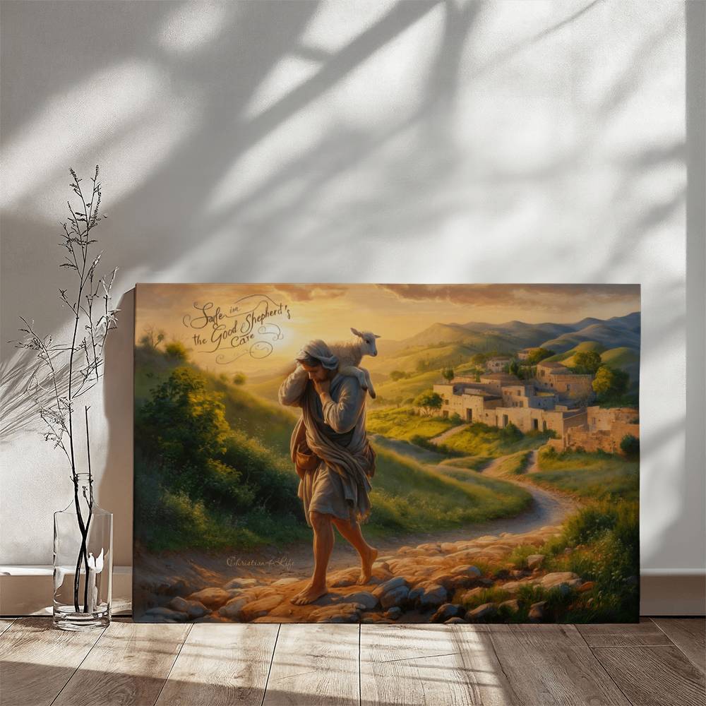 "Safe in the Good Shepherd's care" Gallery Wrapped Christian Wall Art Canvas (3:2)