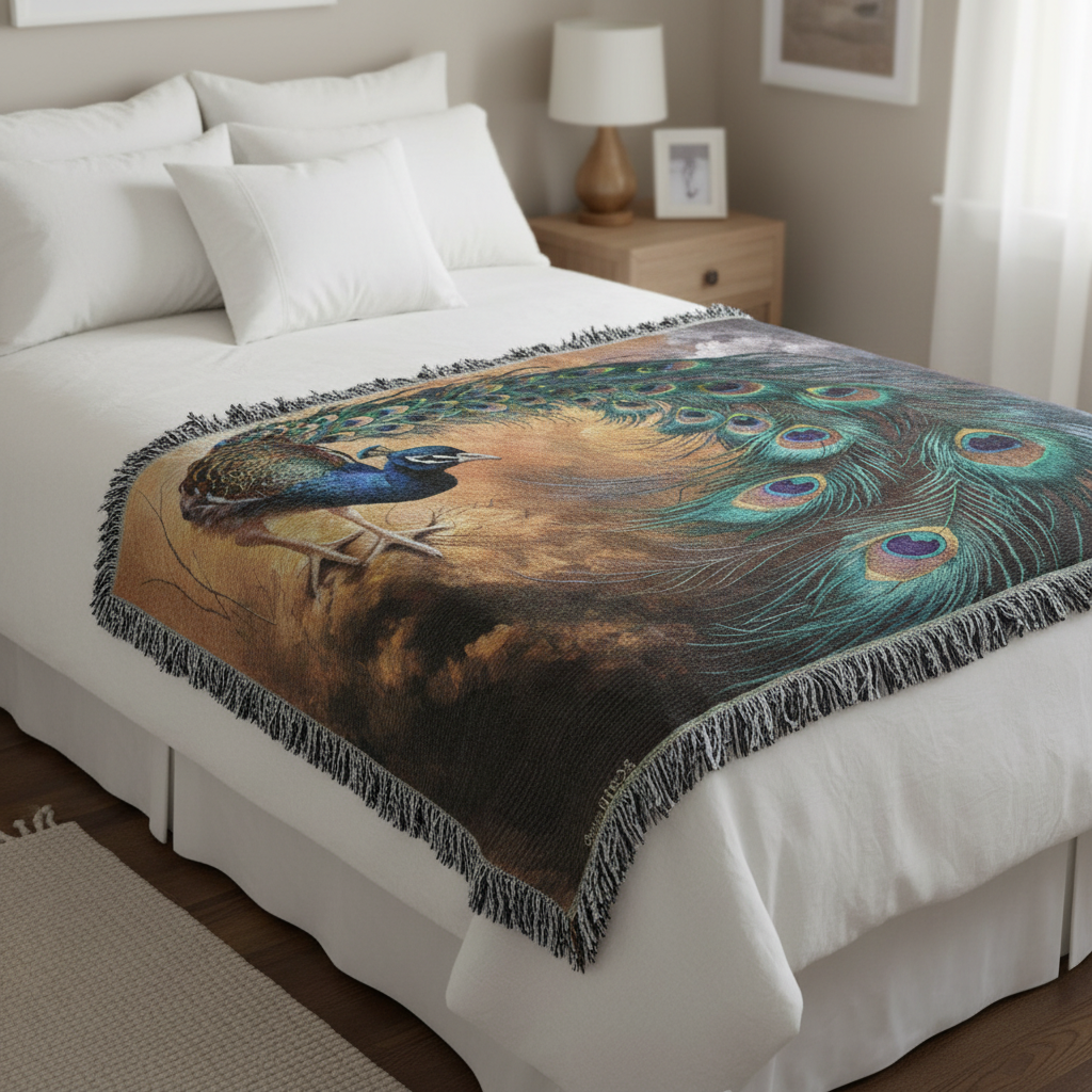 Peacock Heirloom Woven Blanket - Tapestry Decorative art print - a vibrant and elegant statement Peacock art piece