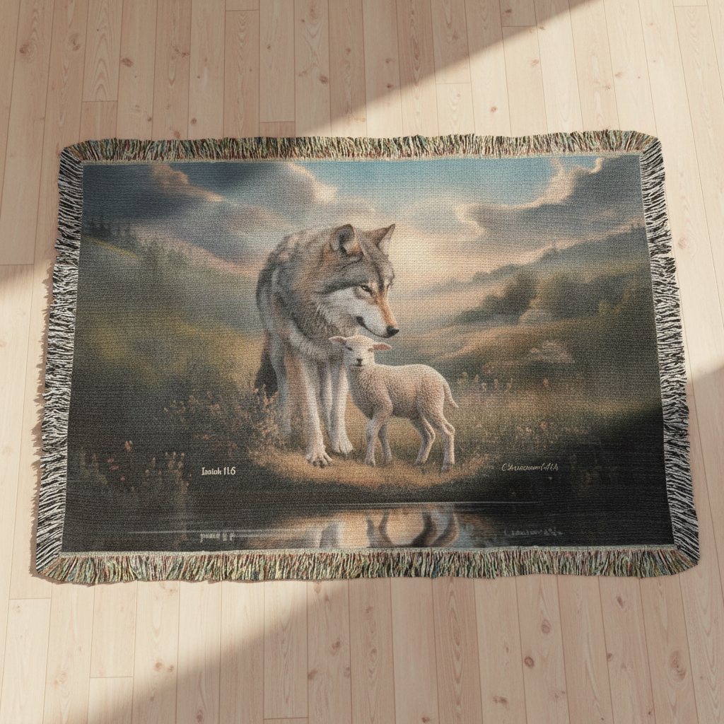 Wolf and Lamb Christian Heirloom Woven Blanket Tapestry - Isaiah 11:6