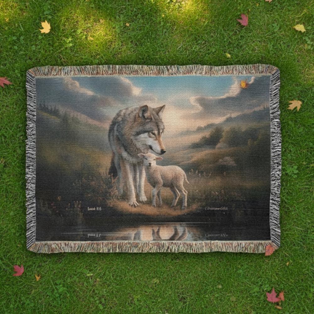 Wolf and Lamb Christian Heirloom Woven Blanket Tapestry - Isaiah 11:6