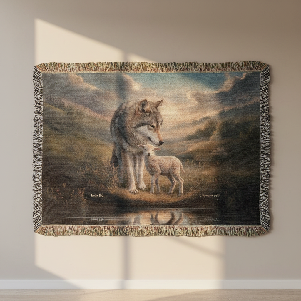 Wolf and Lamb Christian Heirloom Woven Blanket Tapestry - Isaiah 11:6