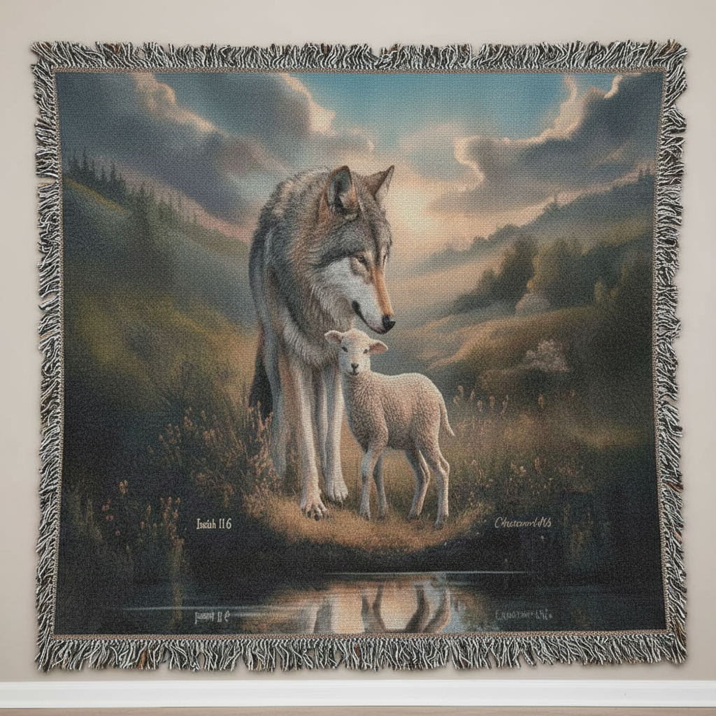 Wolf and Lamb Christian Heirloom Woven Blanket Tapestry - Isaiah 11:6