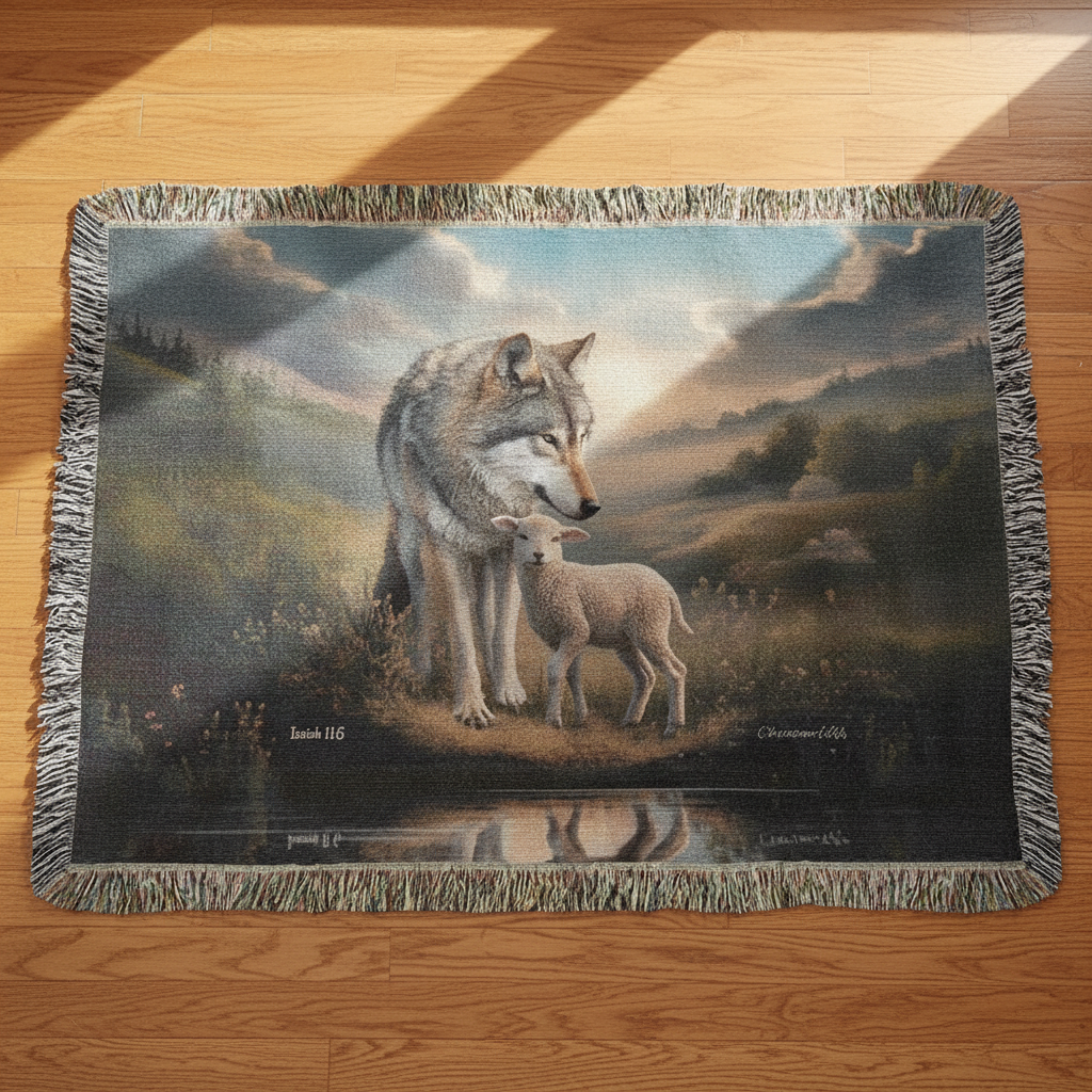 Wolf and Lamb Christian Heirloom Woven Blanket Tapestry - Isaiah 11:6