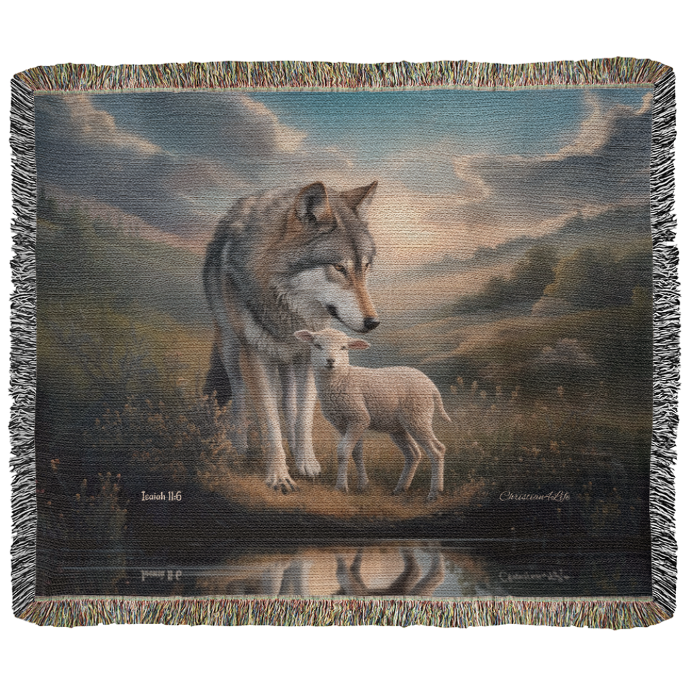 Wolf and Lamb Christian Heirloom Woven Blanket Tapestry - Isaiah 11:6