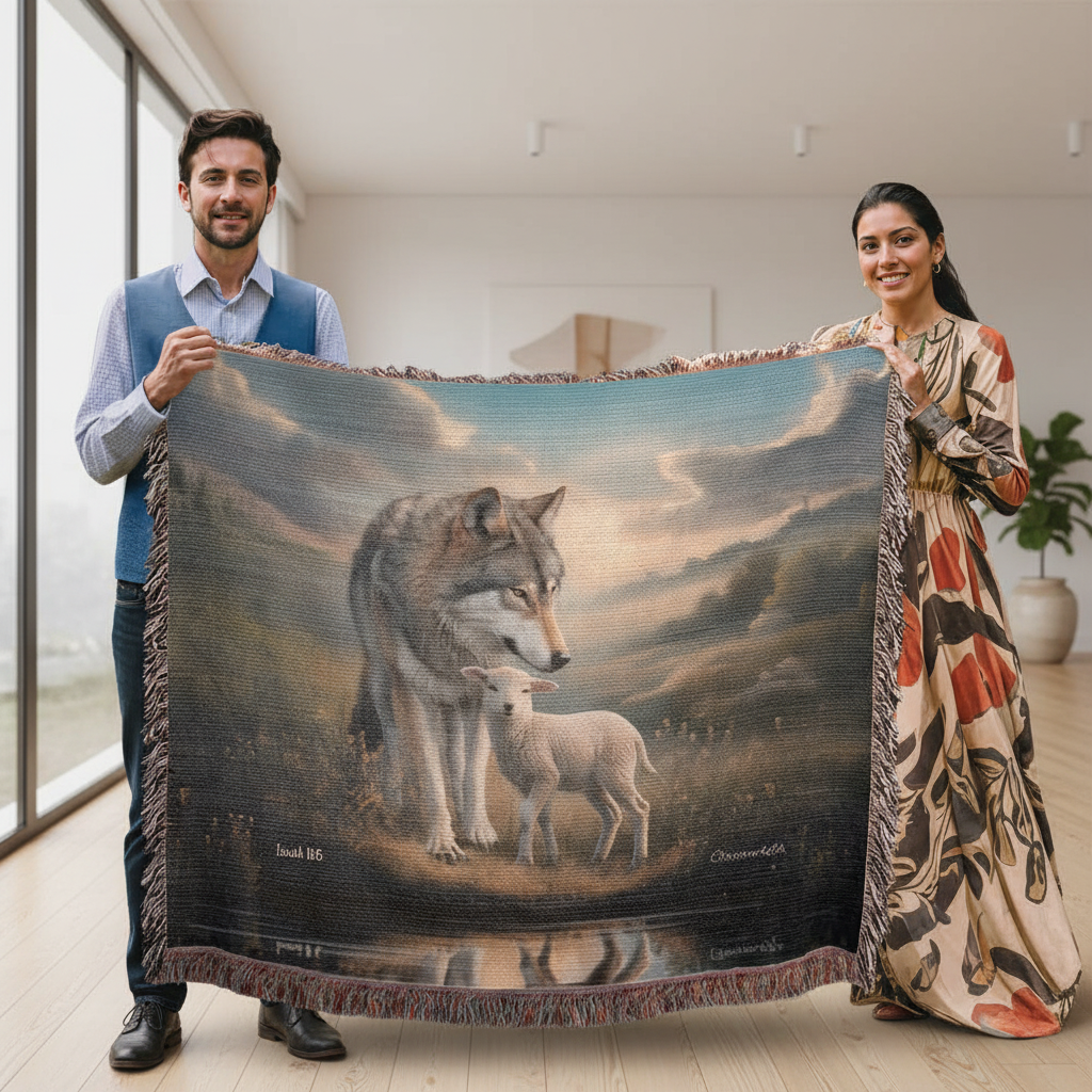 Wolf and Lamb Christian Heirloom Woven Blanket Tapestry - Isaiah 11:6