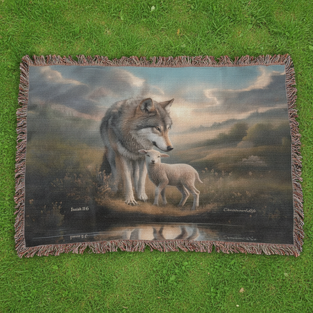Wolf and Lamb Christian Heirloom Woven Blanket Tapestry - Isaiah 11:6