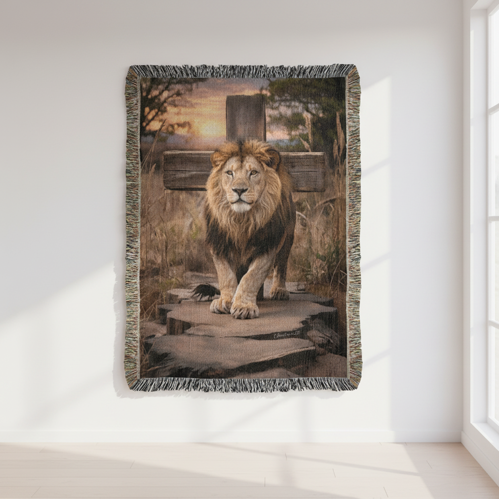 Lion of Judah and Cross Christian Heirloom Woven Blanket, Tapestry Throw Christian Blanket