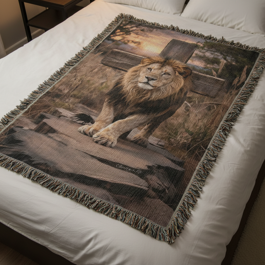 Lion of Judah and Cross Christian Heirloom Woven Blanket, Tapestry Throw Christian Blanket