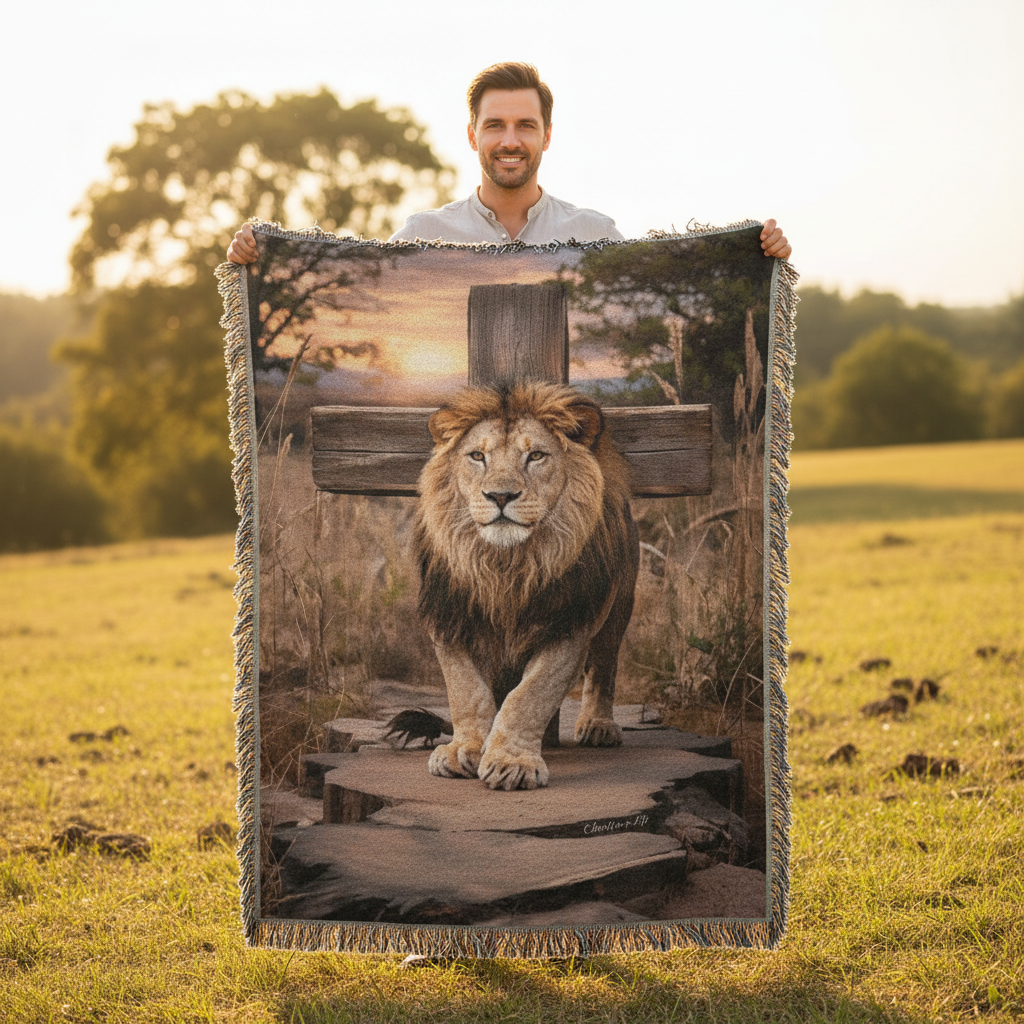 Lion of Judah and Cross Christian Heirloom Woven Blanket, Tapestry Throw Christian Blanket