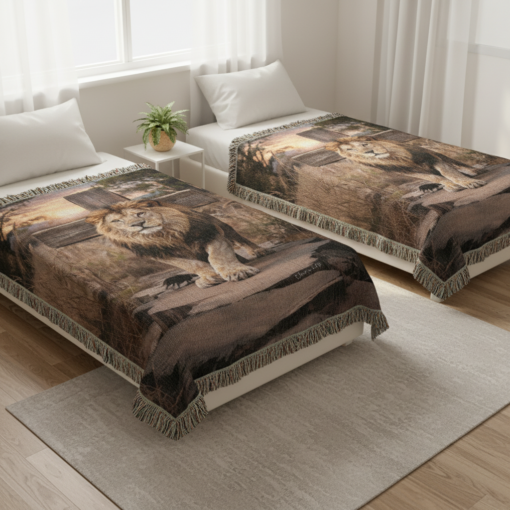 Lion of Judah and Cross Christian Heirloom Woven Blanket, Tapestry Throw Christian Blanket