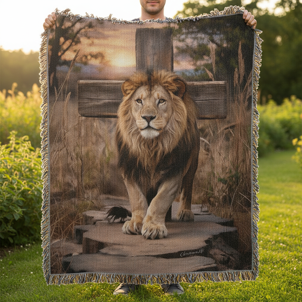 Lion of Judah and Cross Christian Heirloom Woven Blanket, Tapestry Throw Christian Blanket