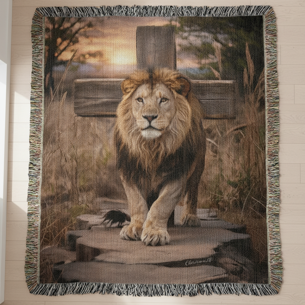 Lion of Judah and Cross Christian Heirloom Woven Blanket, Tapestry Throw Christian Blanket