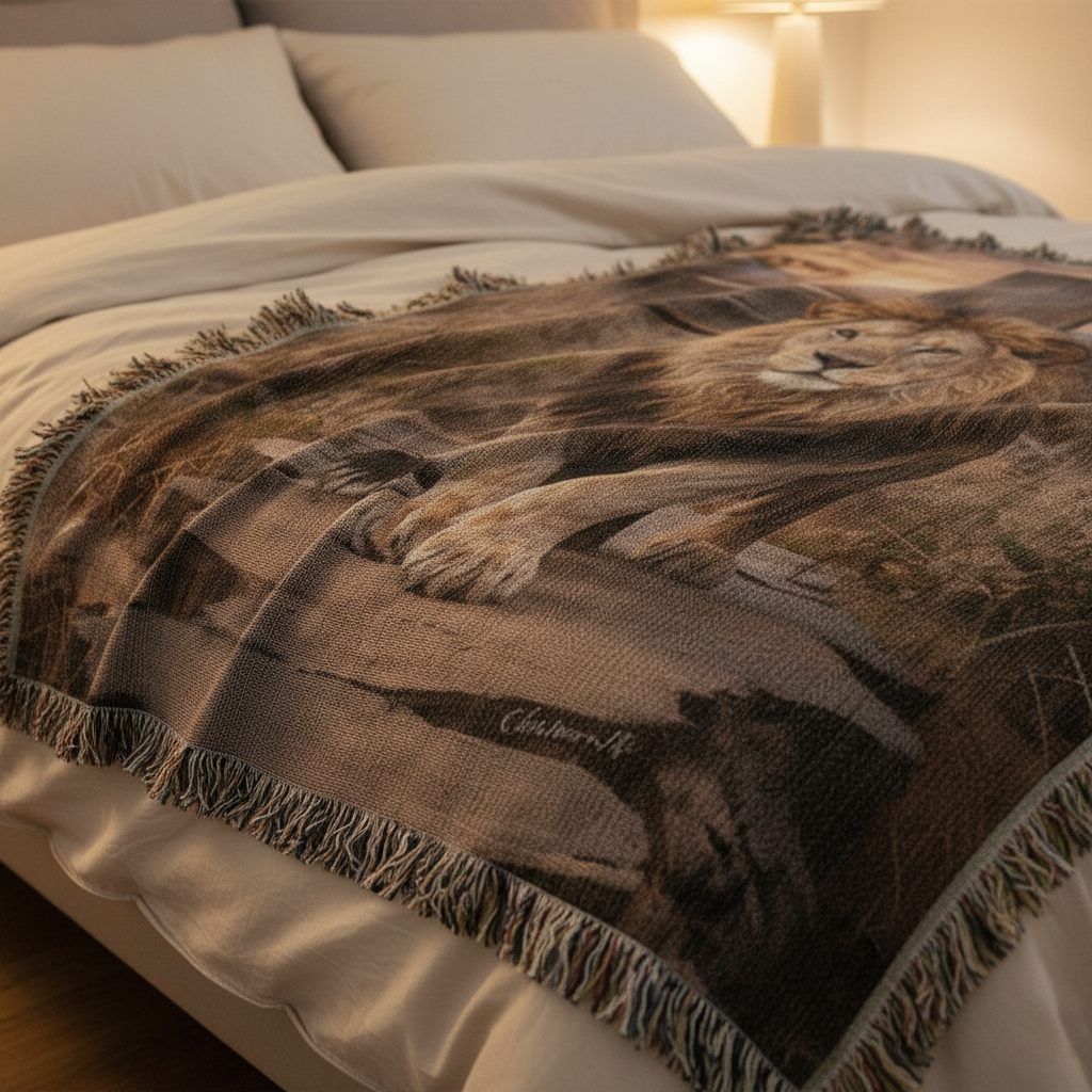 Lion of Judah and Cross Christian Heirloom Woven Blanket, Tapestry Throw Christian Blanket
