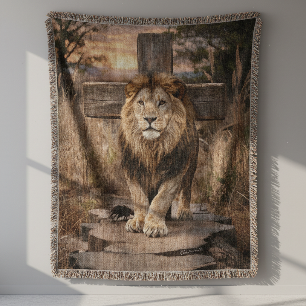 Lion of Judah and Cross Christian Heirloom Woven Blanket, Tapestry Throw Christian Blanket