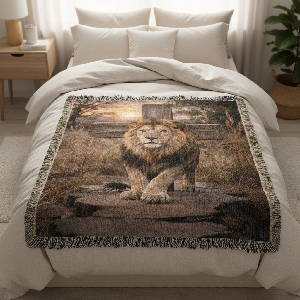 Lion of Judah and Cross Christian Heirloom Woven Blanket, Tapestry Throw Christian Blanket