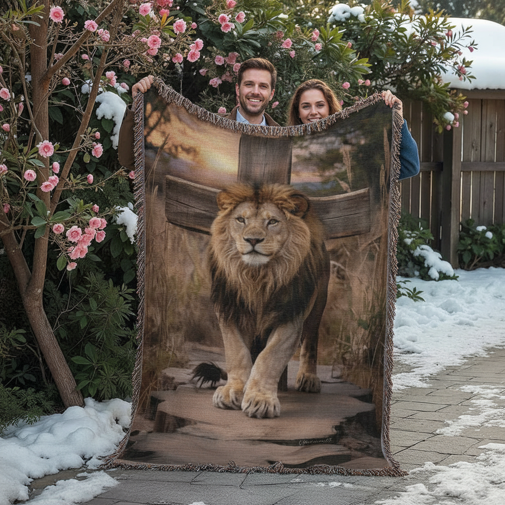 Lion of Judah and Cross Christian Heirloom Woven Blanket, Tapestry Throw Christian Blanket