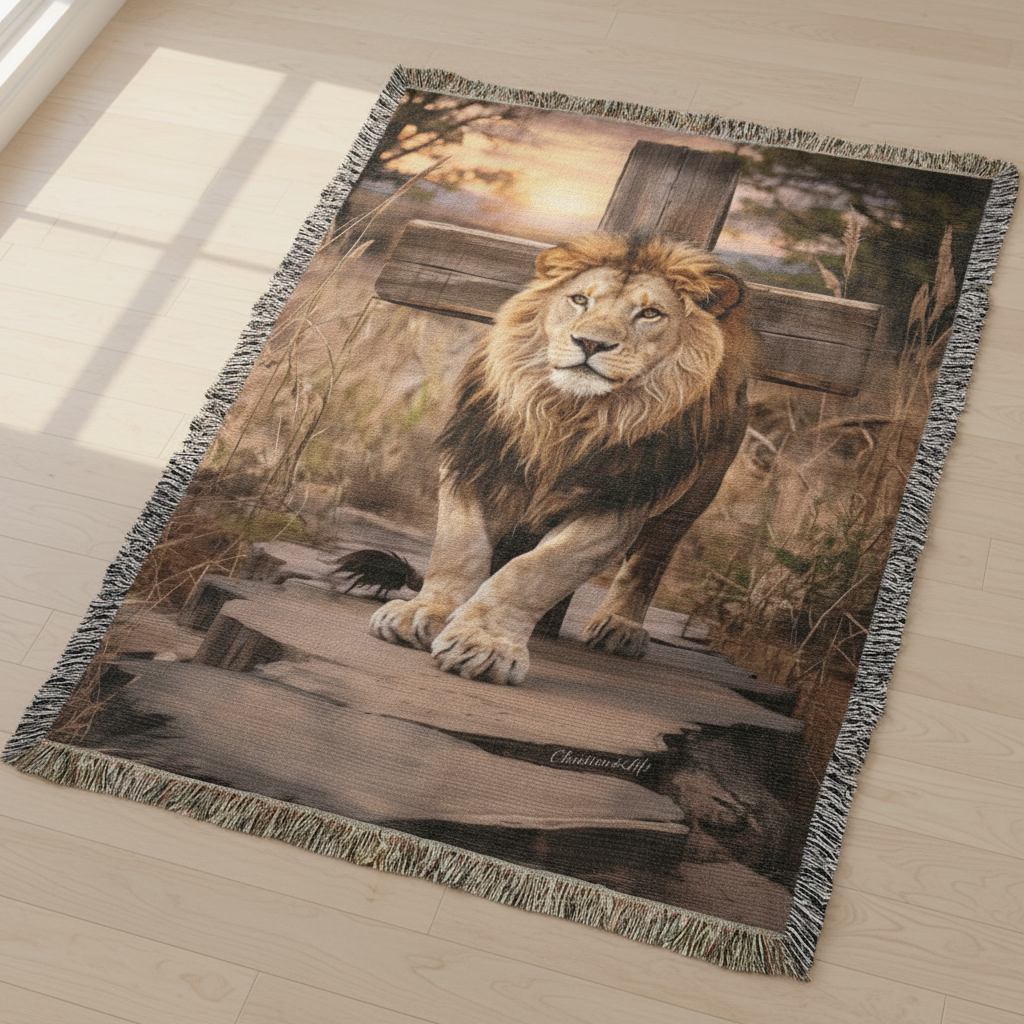Lion of Judah and Cross Christian Heirloom Woven Blanket, Tapestry Throw Christian Blanket