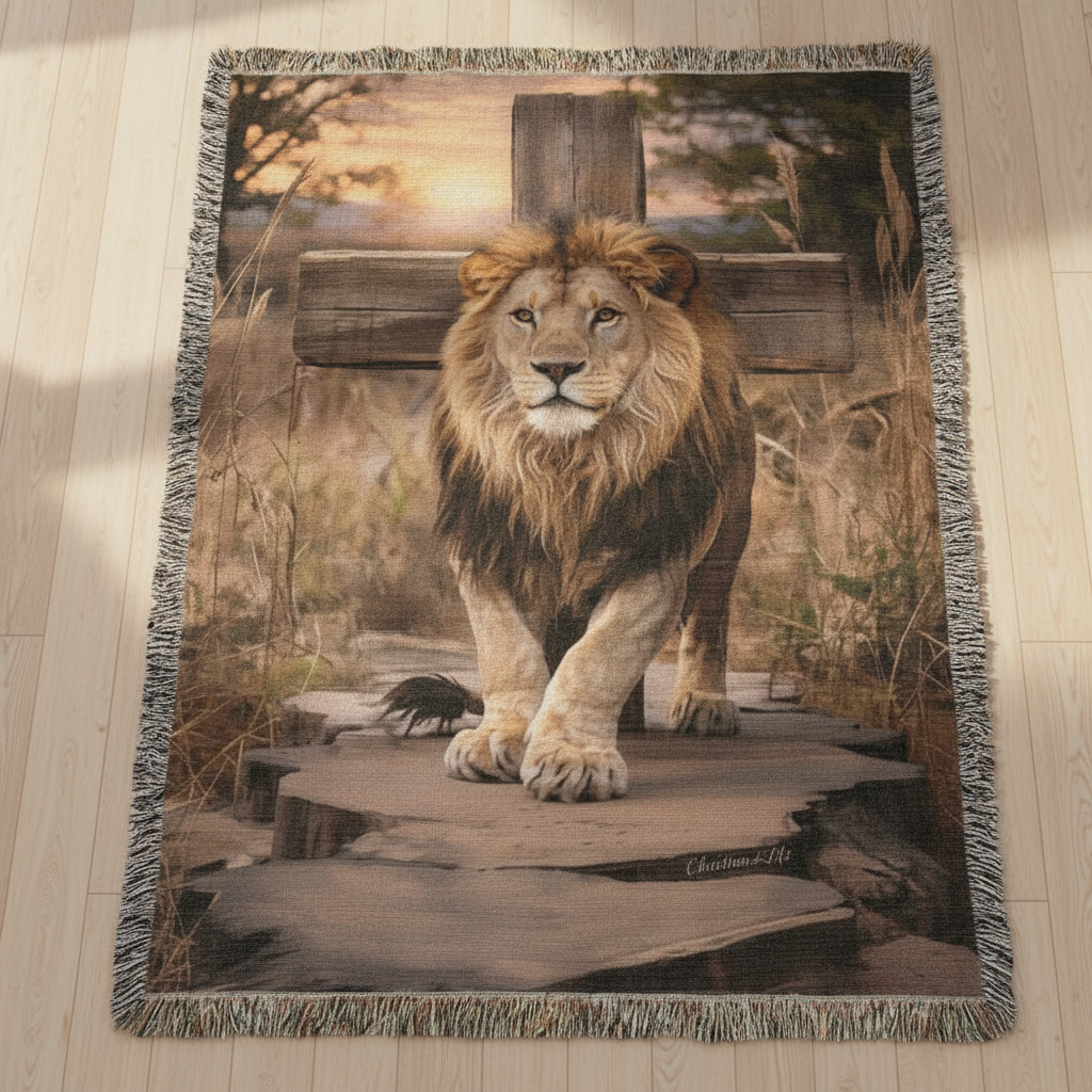 Lion of Judah and Cross Christian Heirloom Woven Blanket, Tapestry Throw Christian Blanket