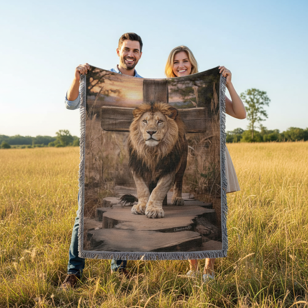 Lion of Judah and Cross Christian Heirloom Woven Blanket, Tapestry Throw Christian Blanket