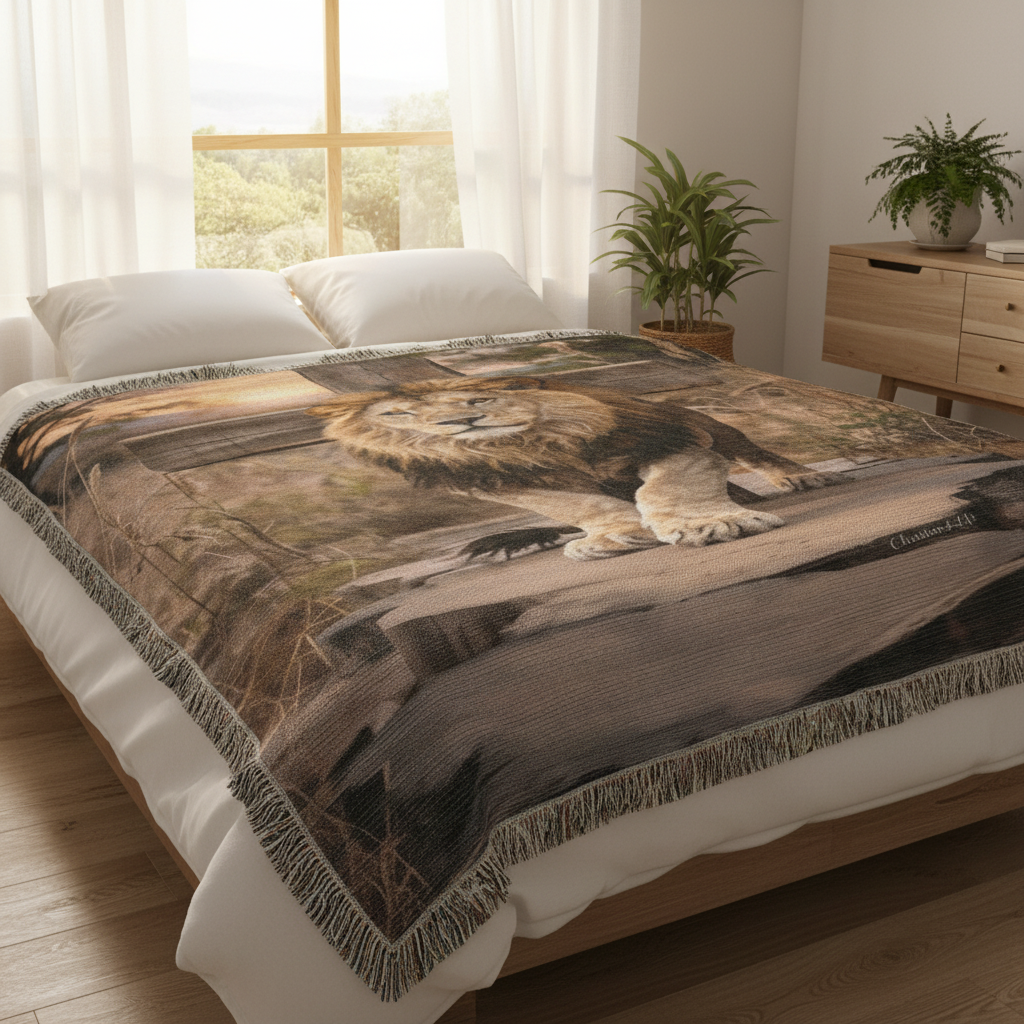 Lion of Judah and Cross Christian Heirloom Woven Blanket, Tapestry Throw Christian Blanket