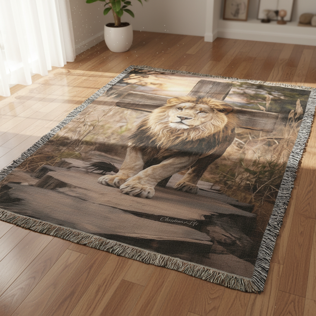 Lion of Judah and Cross Christian Heirloom Woven Blanket, Tapestry Throw Christian Blanket