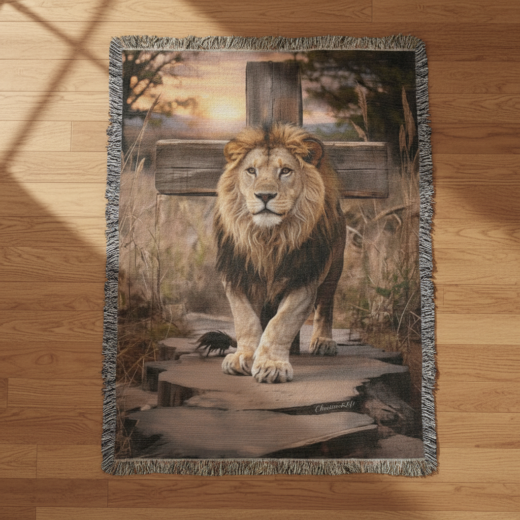 Lion of Judah and Cross Christian Heirloom Woven Blanket, Tapestry Throw Christian Blanket