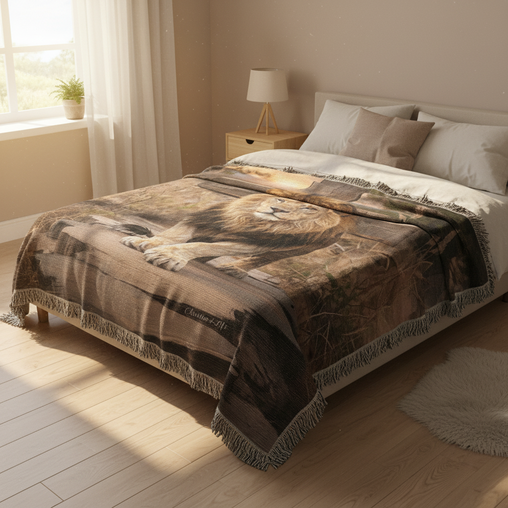 Lion of Judah and Cross Christian Heirloom Woven Blanket, Tapestry Throw Christian Blanket
