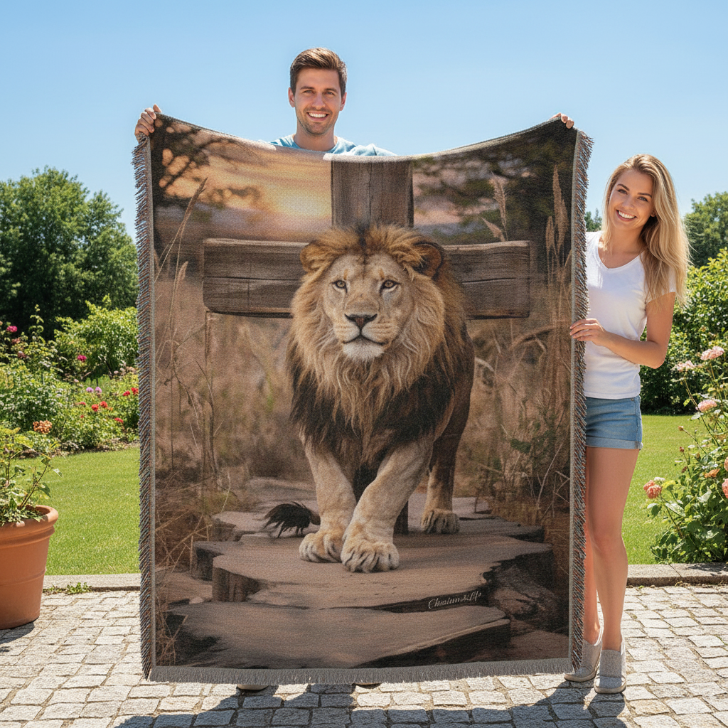 Lion of Judah and Cross Christian Heirloom Woven Blanket, Tapestry Throw Christian Blanket