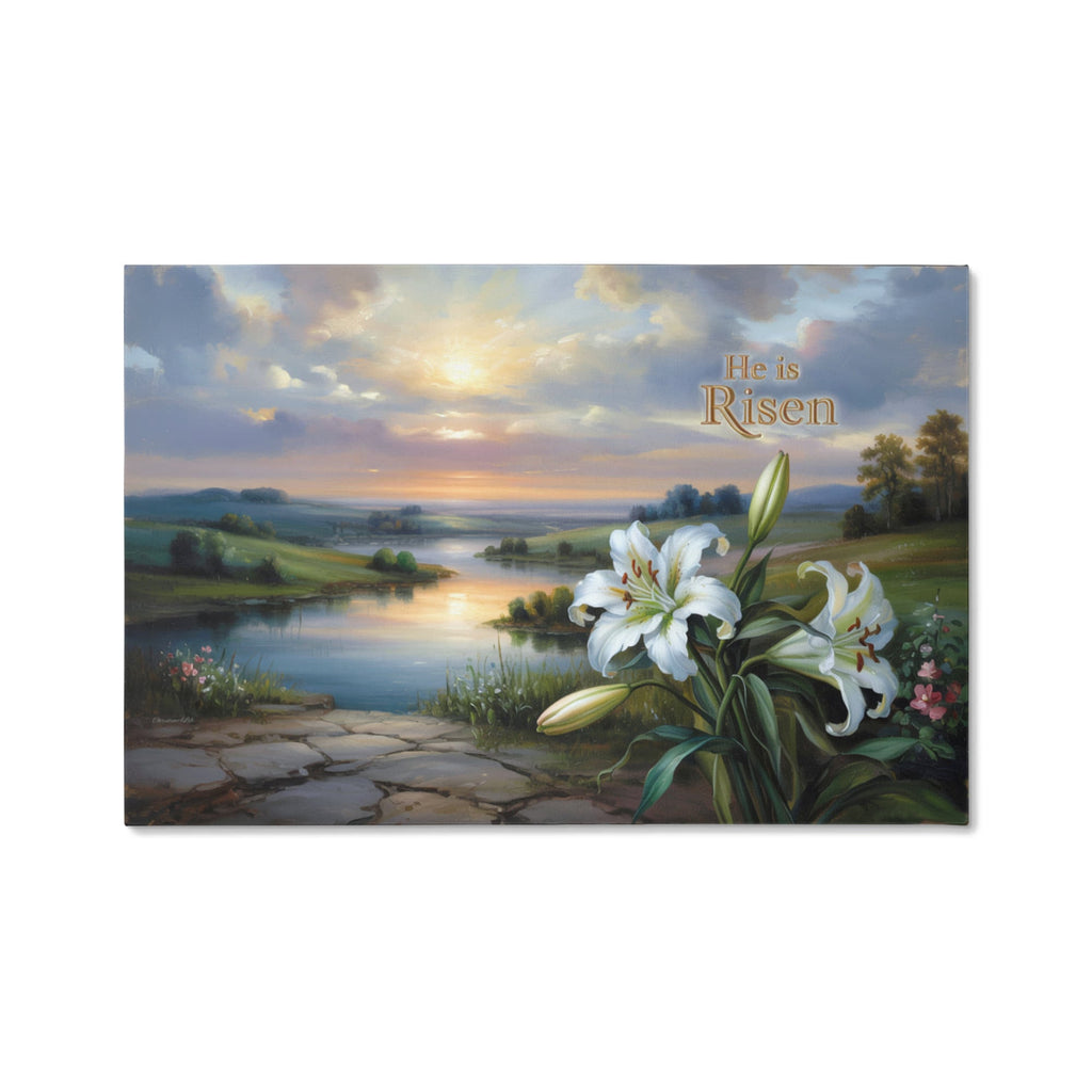 "He is Risen" - A serene sunrise landscape and lilies. Christian Easter wall art, Gallery wrapped Canvas Print
