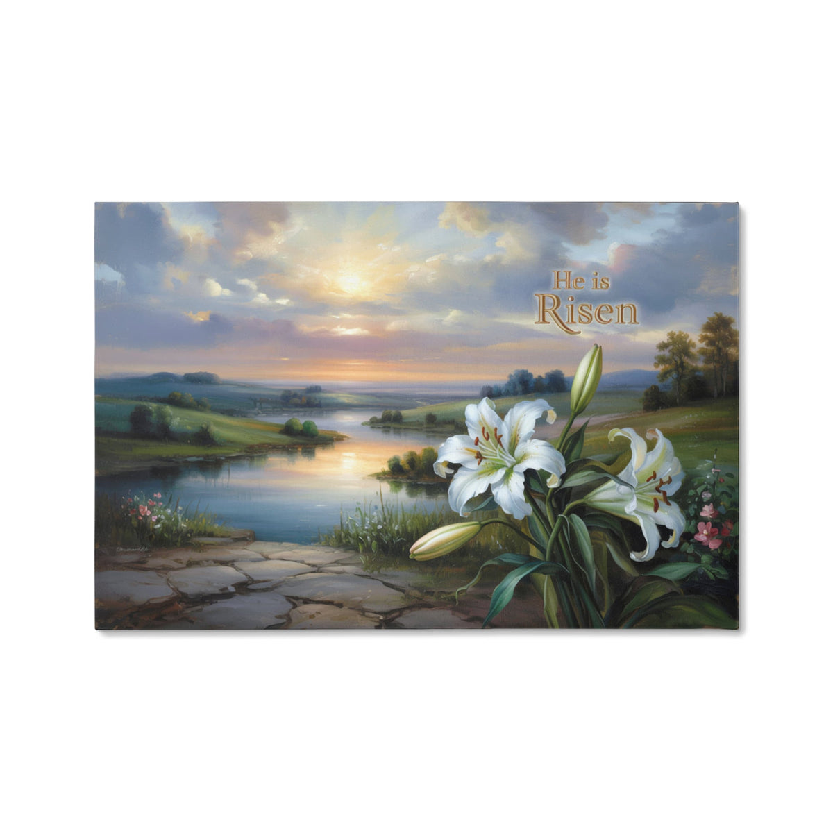 "He is Risen" - A serene sunrise landscape and lilies. Christian Easter wall art, Gallery wrapped Canvas Print