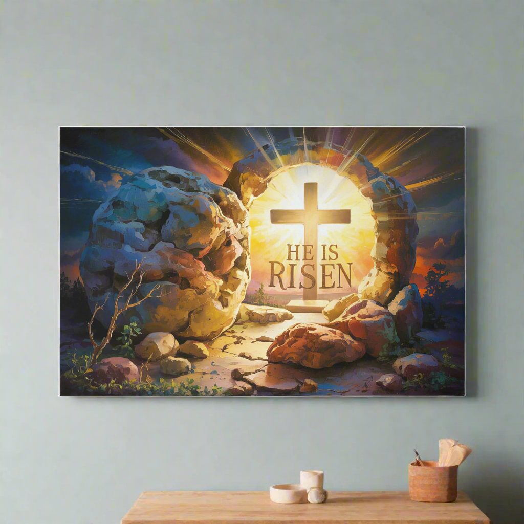 "He is Risen" - Open Tomb and Cross, Christian Gallery Wrapped Canvas, Easter Wall Art Print
