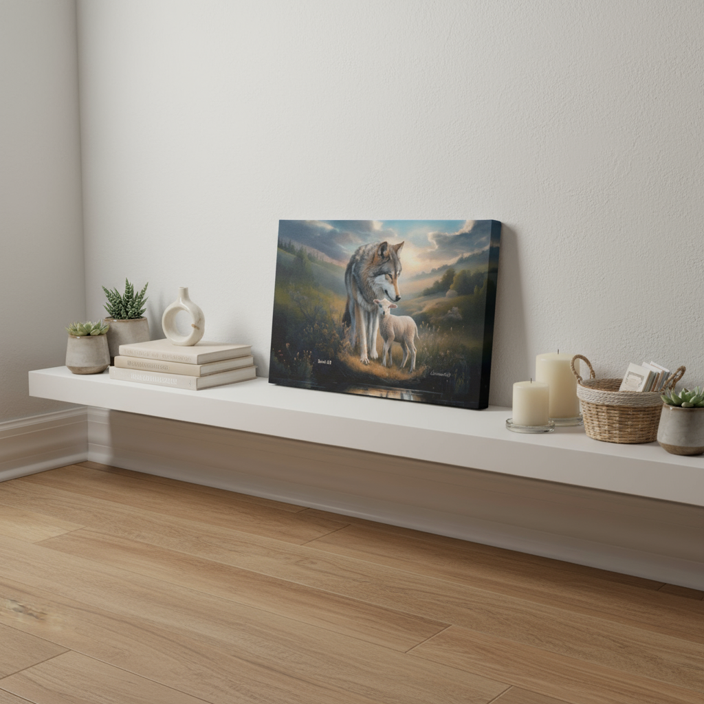 Wolf and Lamb Reflection, Christian Wall Art, Gallery Wrapped Canvas, Isaiah 11:6