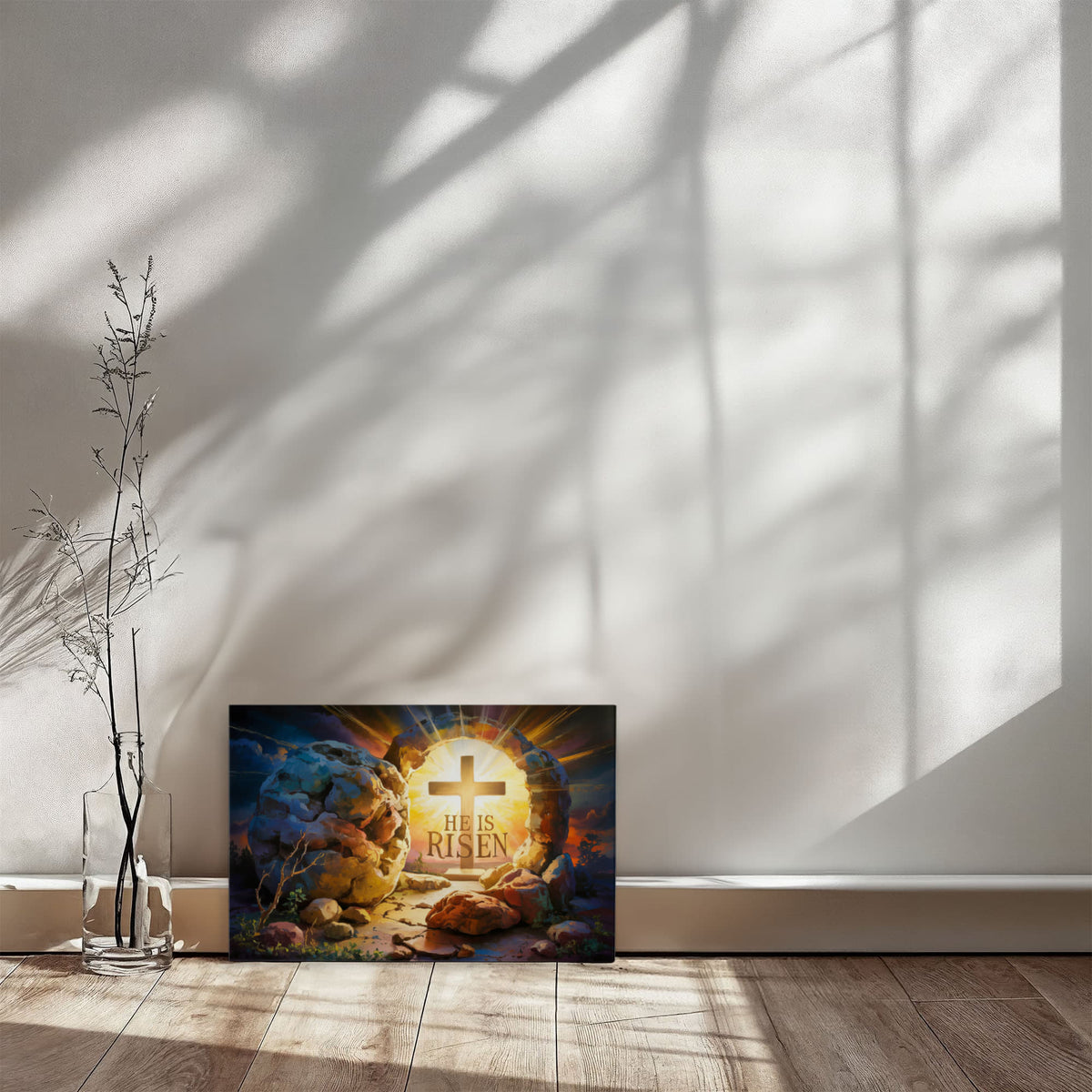"He is Risen" - Open Tomb and Cross, Christian Gallery Wrapped Canvas, Easter Wall Art Print