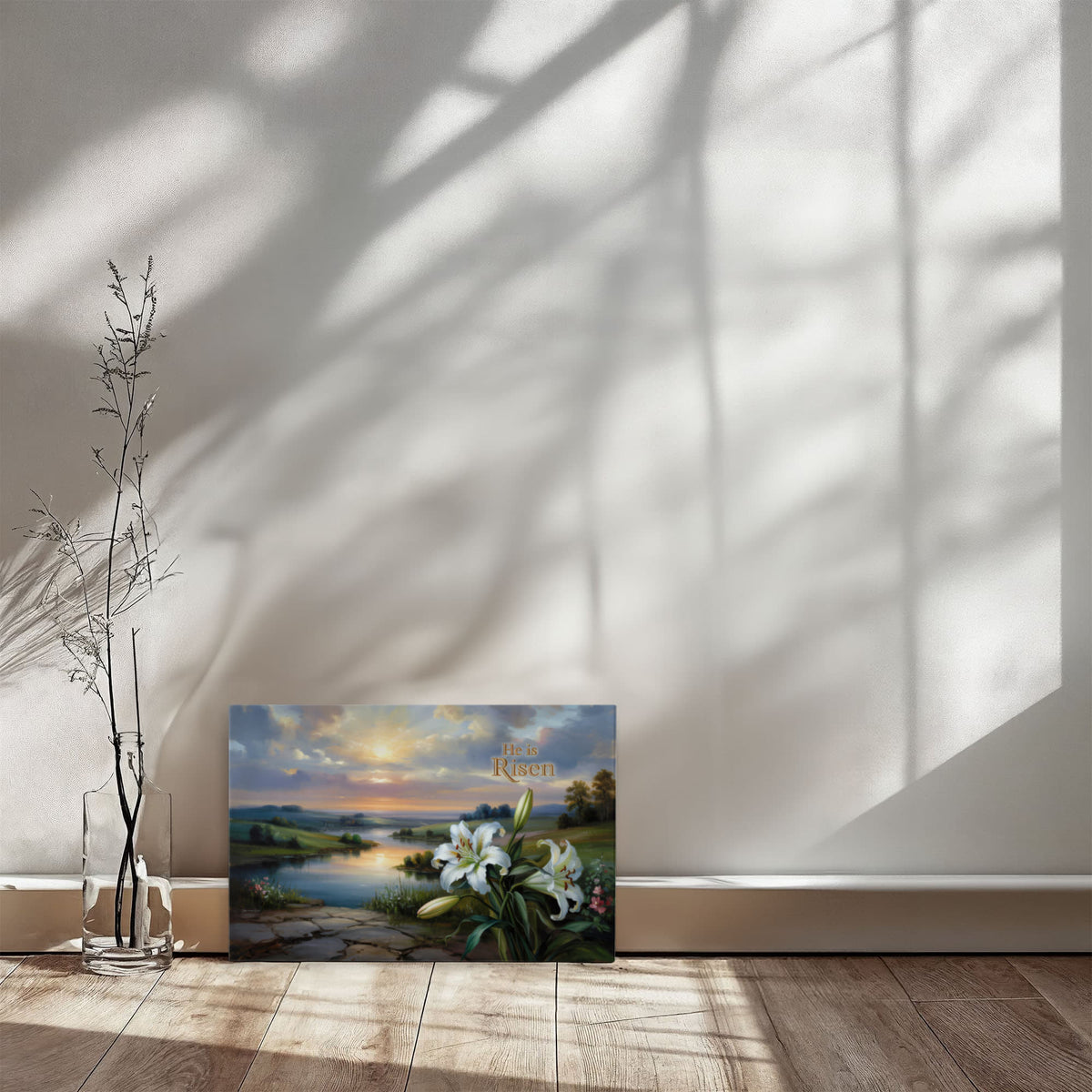 "He is Risen" - A serene sunrise landscape and lilies. Christian Easter wall art, Gallery wrapped Canvas Print