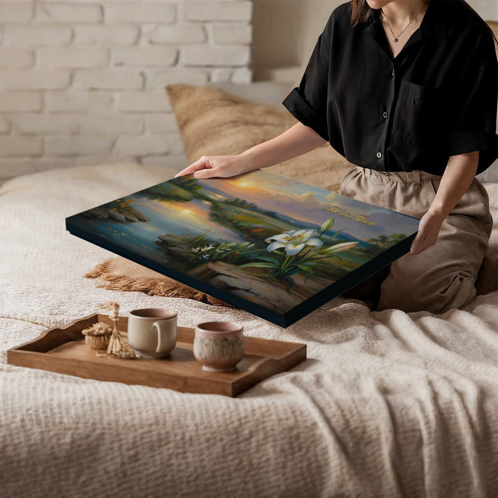 "He is Risen" - A serene sunrise landscape and lilies. Christian Easter wall art, Gallery wrapped Canvas