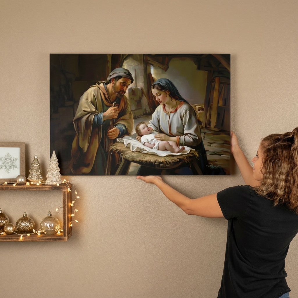 The Nativity scene of Baby Jesus, Mary and Joseph in a stable - Christian Art Canvas