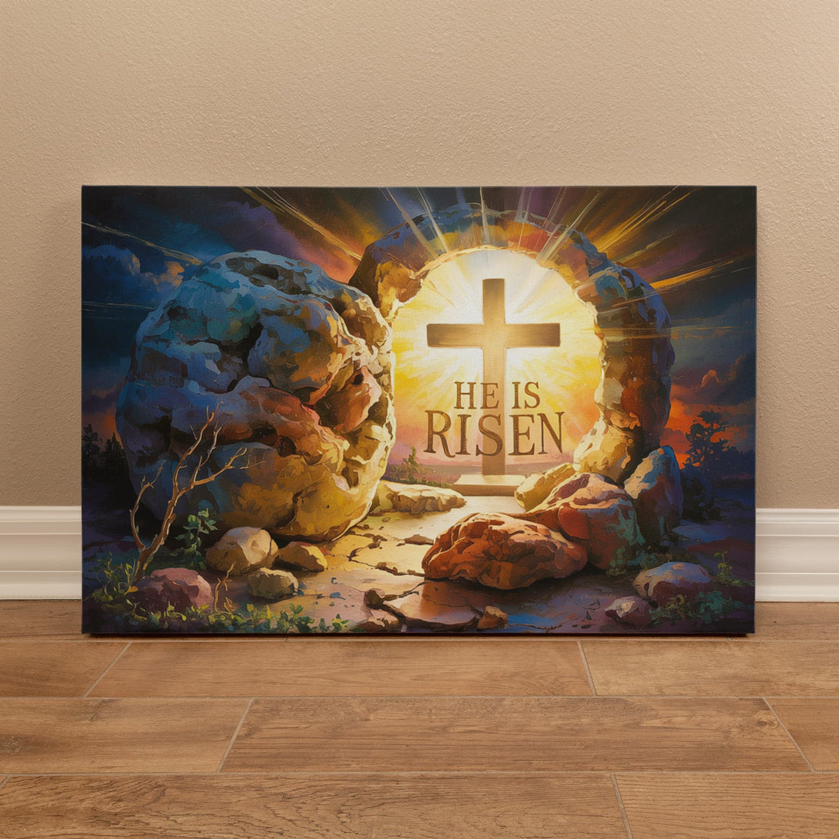 "He is Risen" - Open Tomb and Cross, Christian Gallery Wrapped Canvas, Easter Wall Art Print