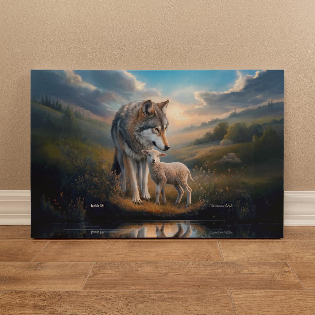 Wolf and Lamb Reflection, Christian Wall Art, Gallery Wrapped Canvas, Isaiah 11:6