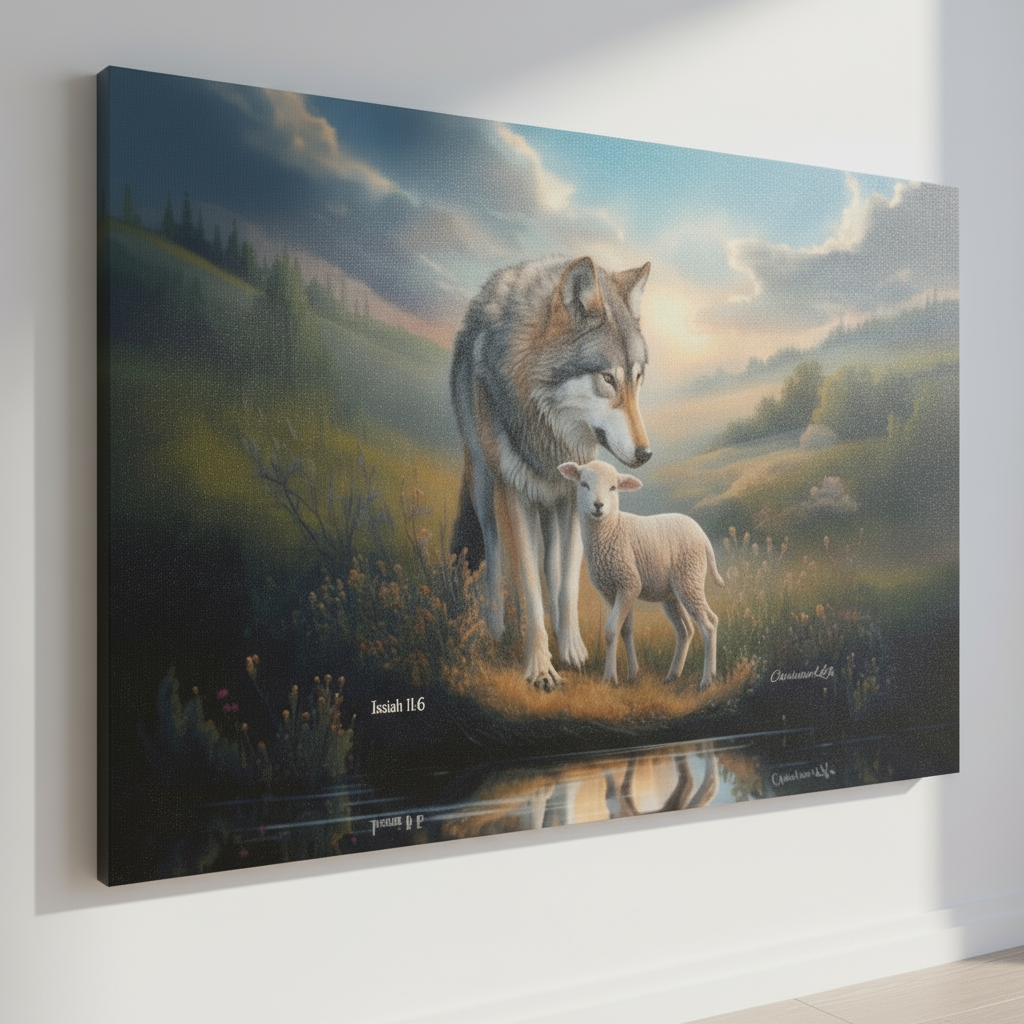 Wolf and Lamb Reflection, Christian Wall Art, Gallery Wrapped Canvas, Isaiah 11:6