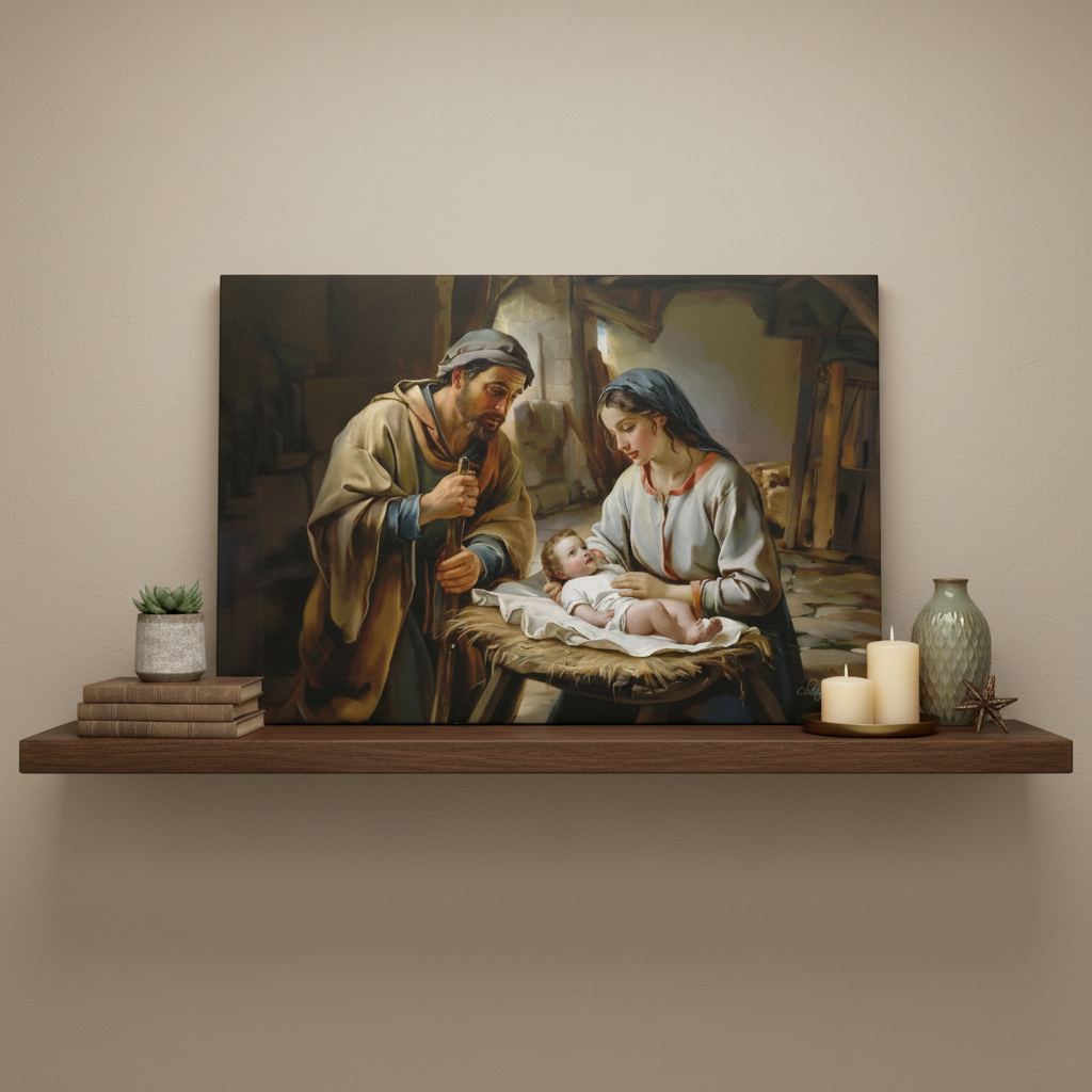 The Nativity scene of Baby Jesus, Mary and Joseph in a stable - Christian Art Canvas