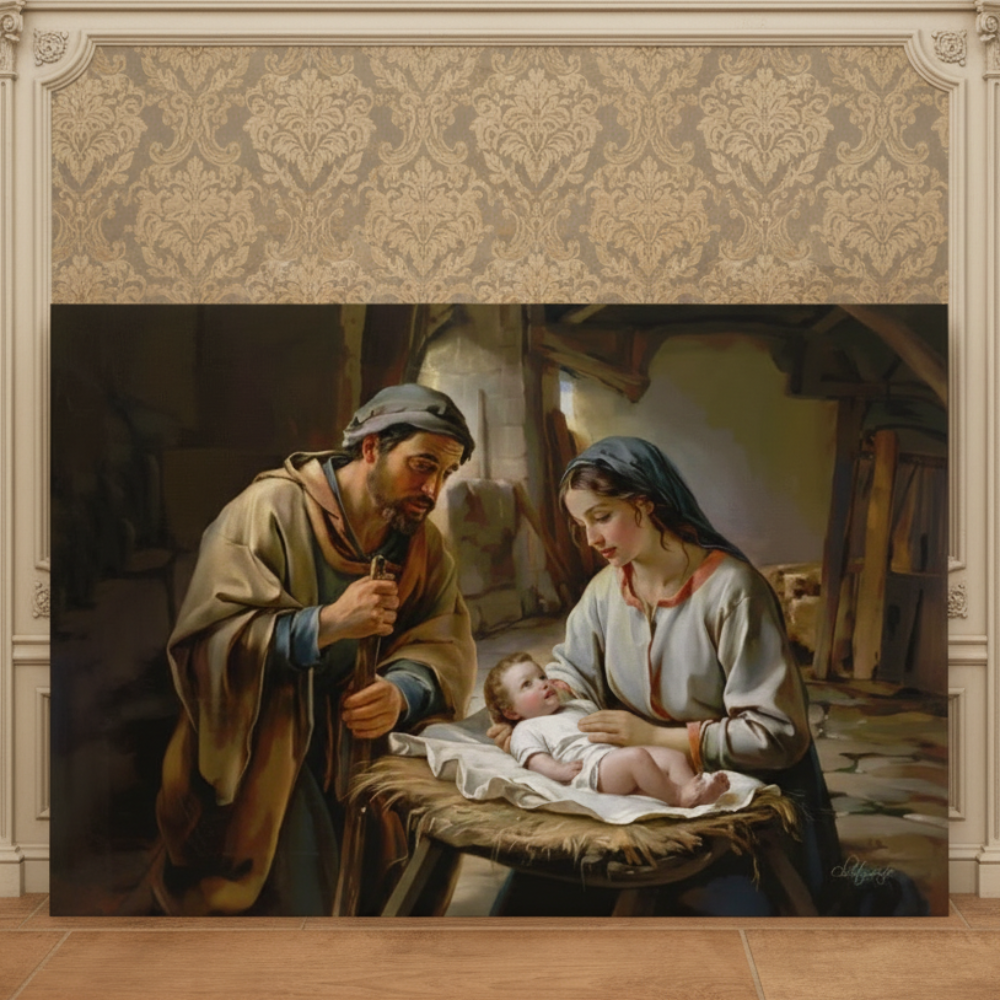 The Nativity scene of Baby Jesus, Mary and Joseph in a stable - Christian Art Canvas