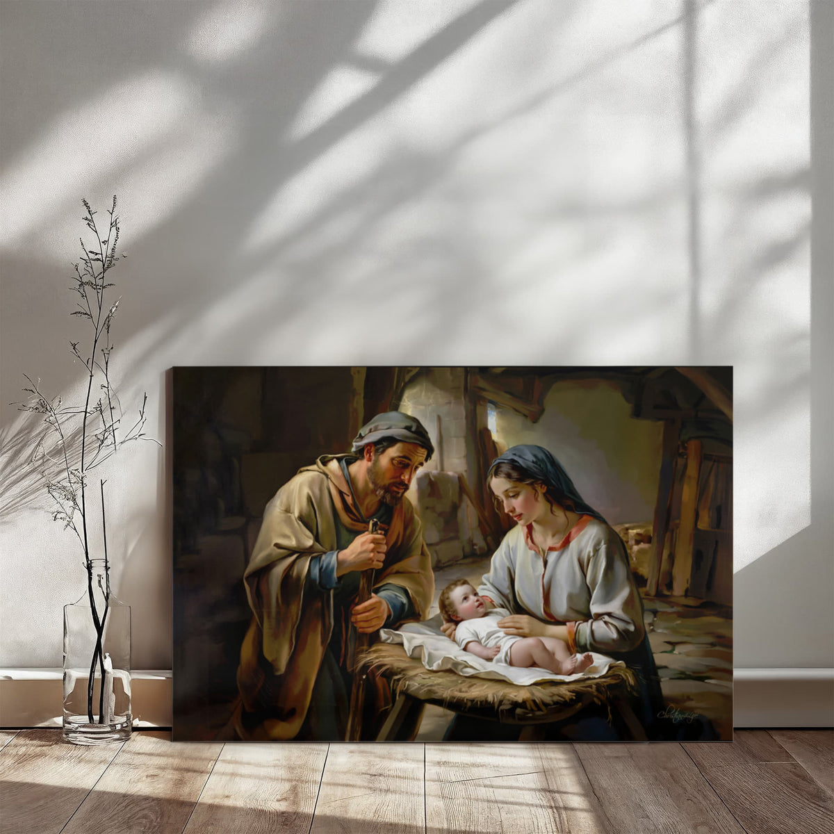 The Nativity scene of Baby Jesus, Mary and Joseph in a stable - Christian Art Canvas
